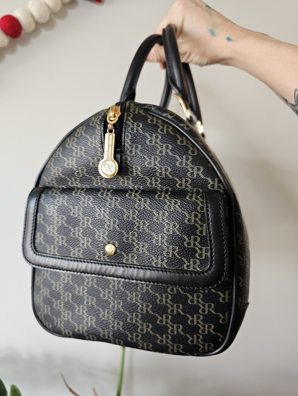 Rioni Monogram Barrel Satchel Handbag Black Brown Gold Top Handle Bag - Picture 5 of 14